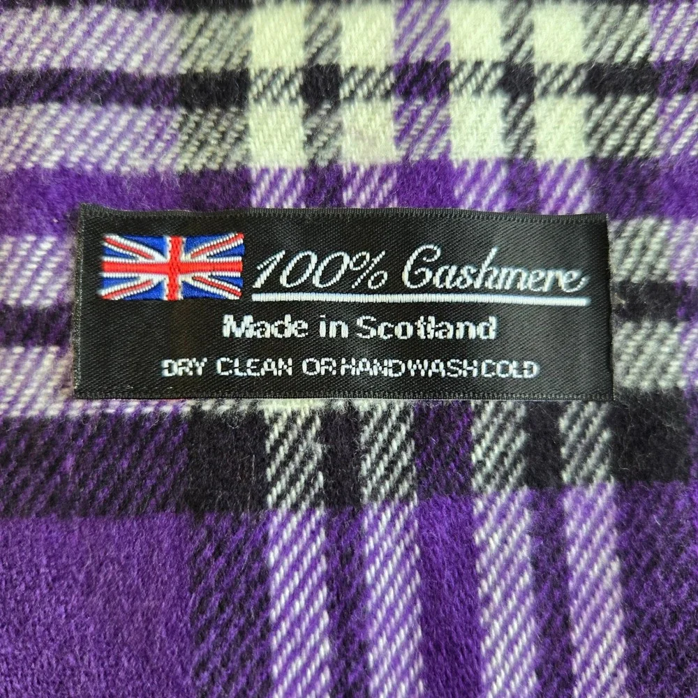 Scotland Scarf Unisex OS Purple Plaid 100% Cashmere Fringed Made in Scotland